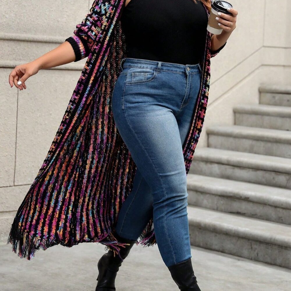 Multicolor Casual Women's Plus Size Long Plaid Mixed Color Fringed Hem Cardigan - Picture 6 of 7
